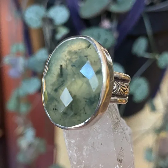 Faceted Prehnite Sterling Silver Ring Floral Band by designer Kyri